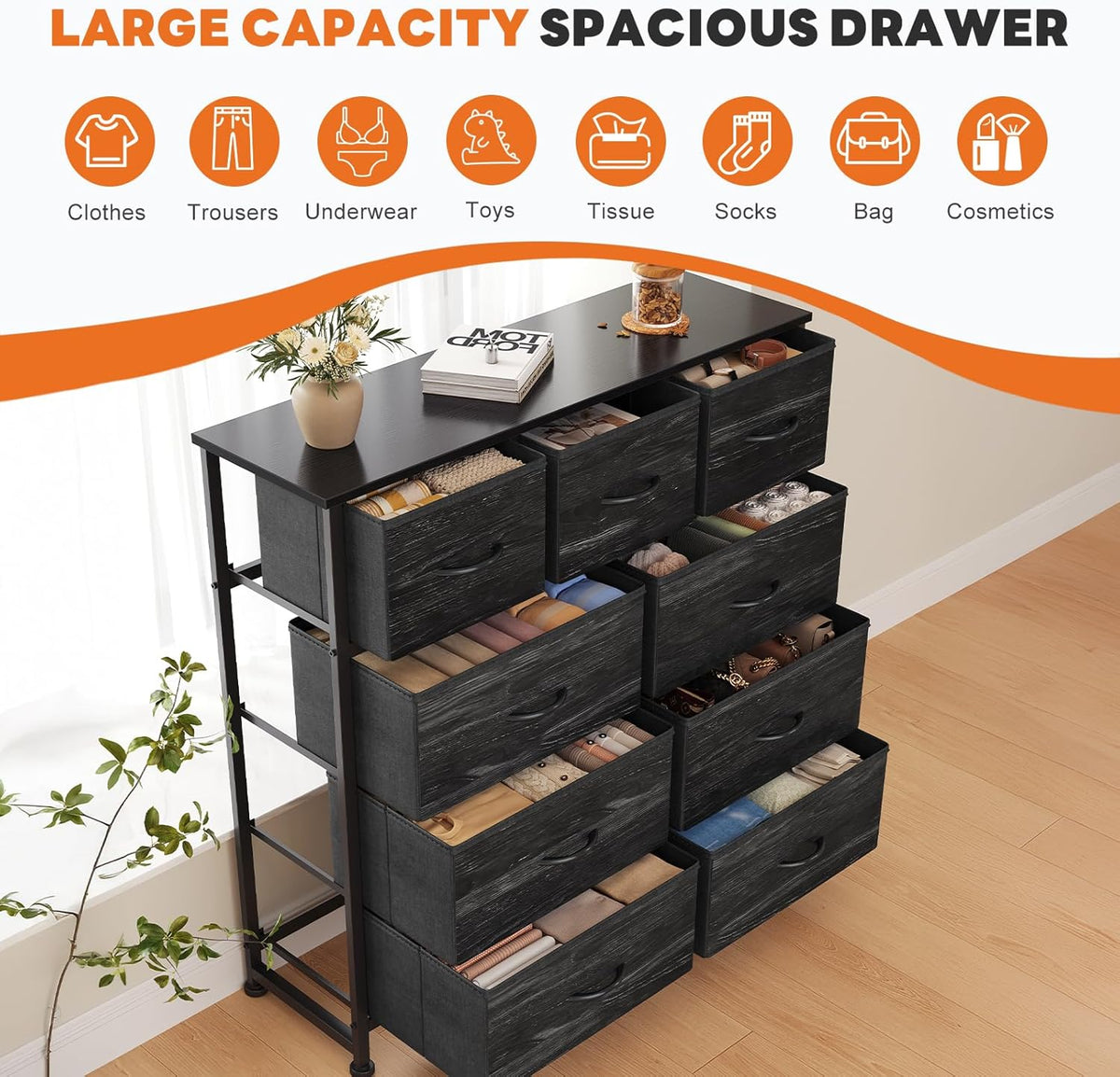 7 Drawer Dresser with Fabric Bins Fabric Storage Tower Organizer for Bedroom Closet Hallway Entryway Tall Chest of Drawers with Steel Frame Wood Top Easy Pull Handles,Black