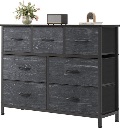 7 Drawer Dresser with Fabric Bins Fabric Storage Tower Organizer for Bedroom Closet Hallway Entryway Tall Chest of Drawers with Steel Frame Wood Top Easy Pull Handles,Black