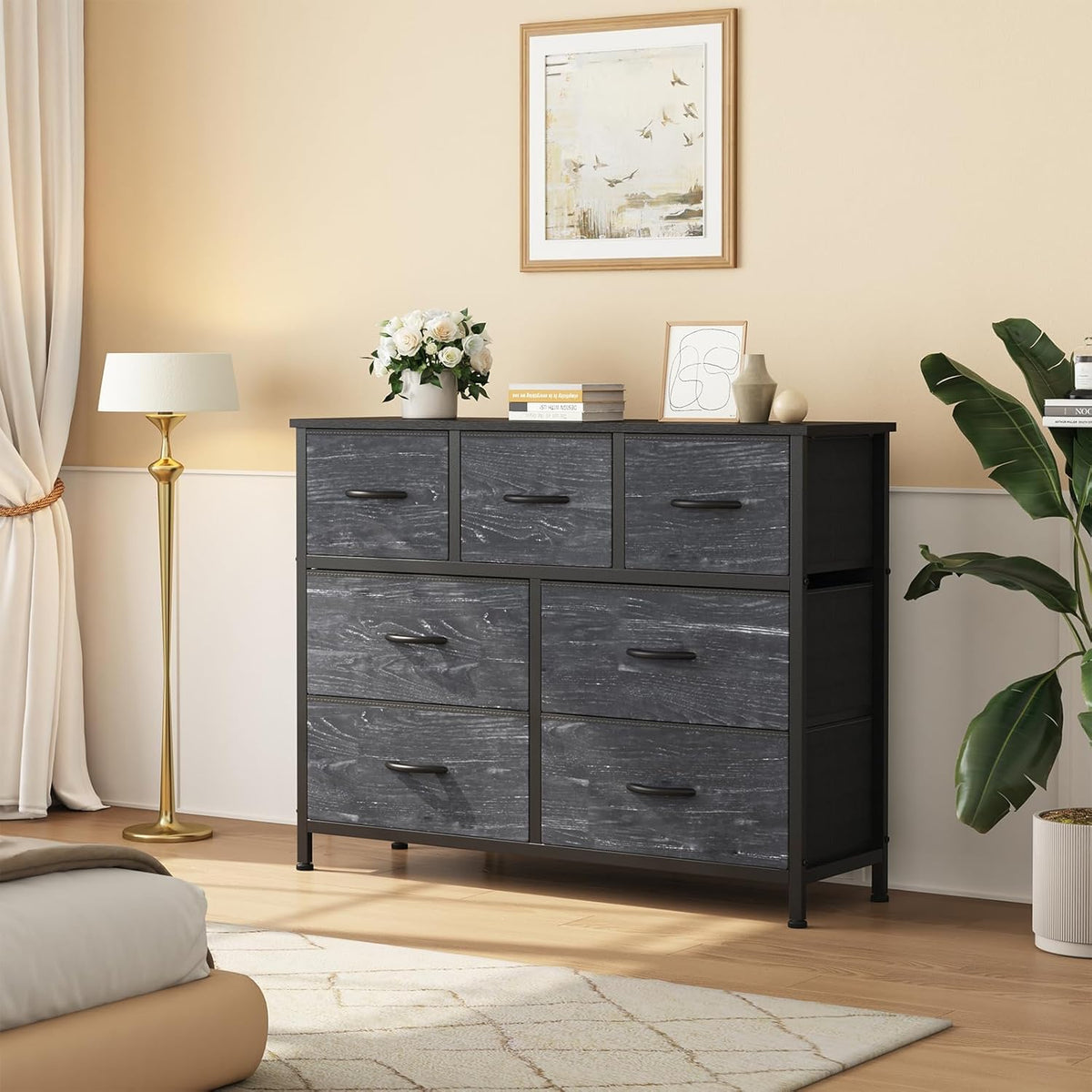 7 Drawer Dresser with Fabric Bins Fabric Storage Tower Organizer for Bedroom Closet Hallway Entryway Tall Chest of Drawers with Steel Frame Wood Top Easy Pull Handles,Black