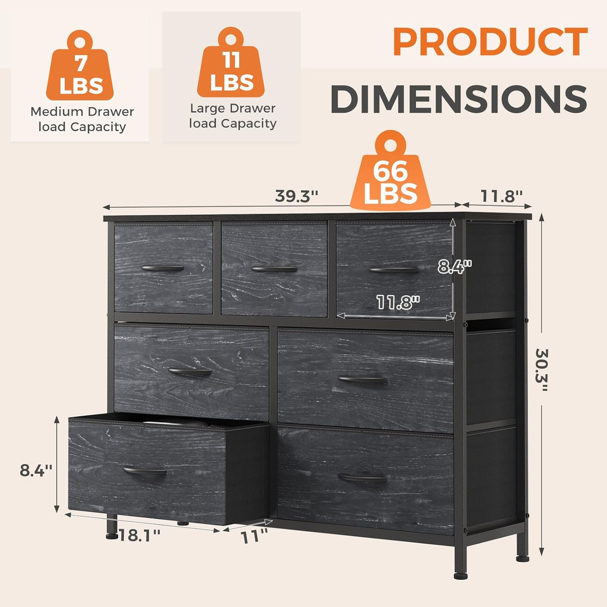 7 Drawer Dresser with Fabric Bins Fabric Storage Tower Organizer for Bedroom Closet Hallway Entryway Tall Chest of Drawers with Steel Frame Wood Top Easy Pull Handles,Black