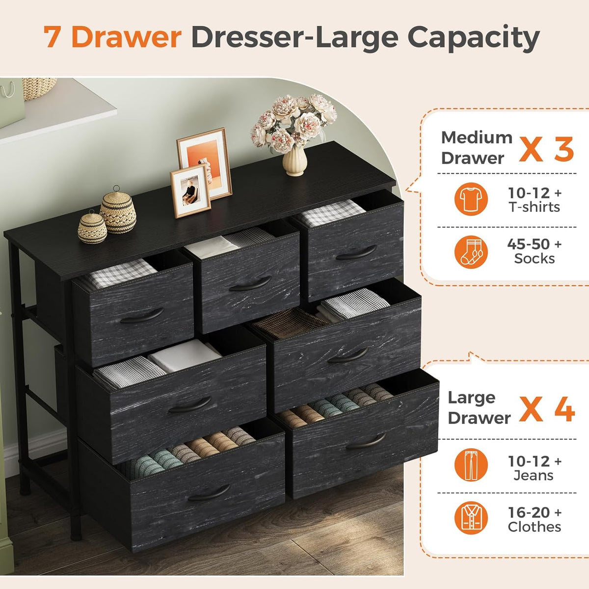 7 Drawer Dresser with Fabric Bins Fabric Storage Tower Organizer for Bedroom Closet Hallway Entryway Tall Chest of Drawers with Steel Frame Wood Top Easy Pull Handles,Black