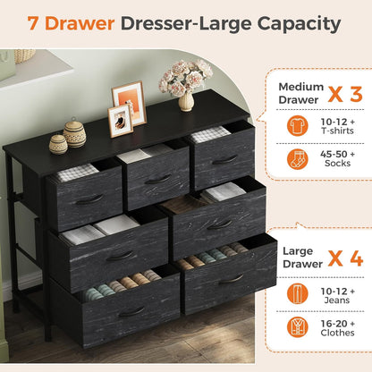 7 Drawer Dresser with Fabric Bins Fabric Storage Tower Organizer for Bedroom Closet Hallway Entryway Tall Chest of Drawers with Steel Frame Wood Top Easy Pull Handles,Black