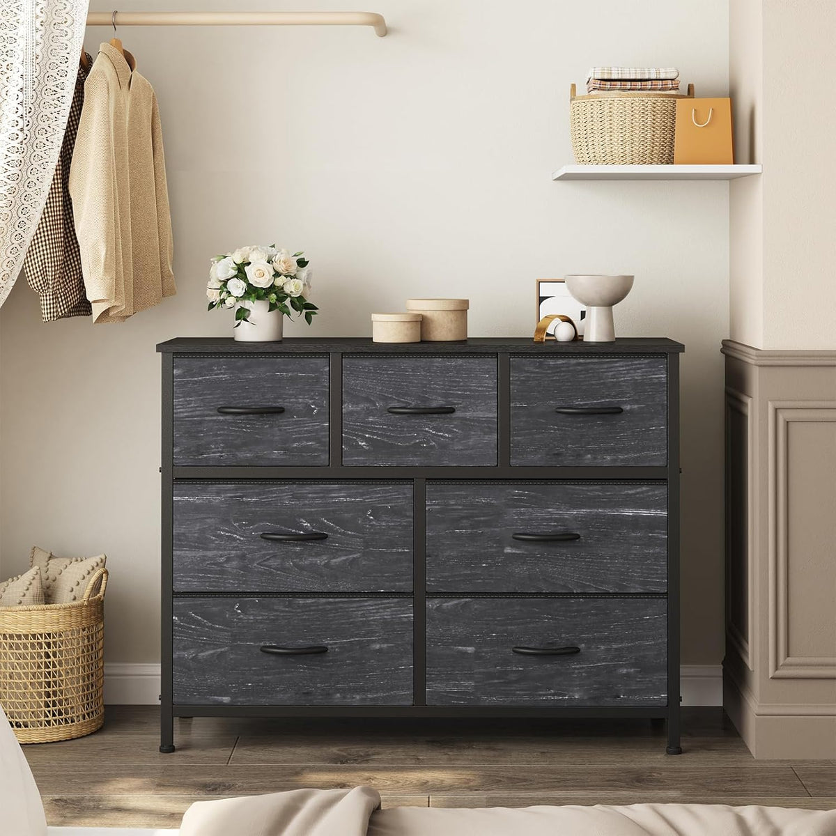 7 Drawer Dresser with Fabric Bins Fabric Storage Tower Organizer for Bedroom Closet Hallway Entryway Tall Chest of Drawers with Steel Frame Wood Top Easy Pull Handles,Black