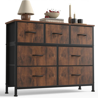 7 Drawer Dresser with Fabric Bins Fabric Storage Tower Organizer for Bedroom Closet Hallway Entryway Tall Chest of Drawers with Steel Frame Wood Top Easy Pull Handles,Black