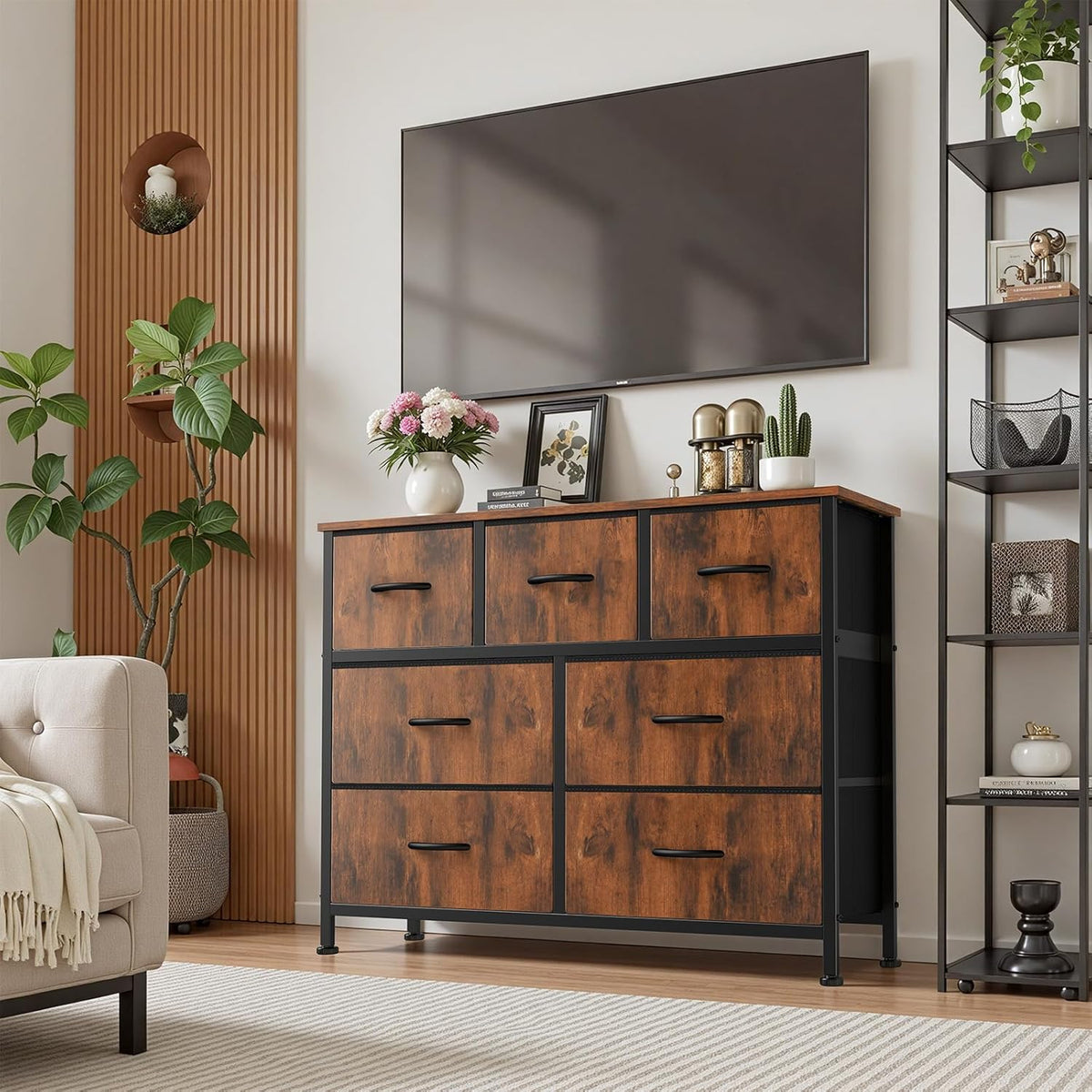 7 Drawer Dresser with Fabric Bins Fabric Storage Tower Organizer for Bedroom Closet Hallway Entryway Tall Chest of Drawers with Steel Frame Wood Top Easy Pull Handles,Black
