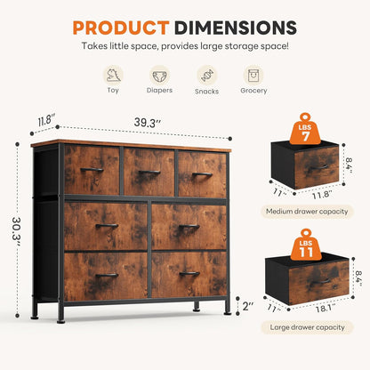 7 Drawer Dresser with Fabric Bins Fabric Storage Tower Organizer for Bedroom Closet Hallway Entryway Tall Chest of Drawers with Steel Frame Wood Top Easy Pull Handles,Black