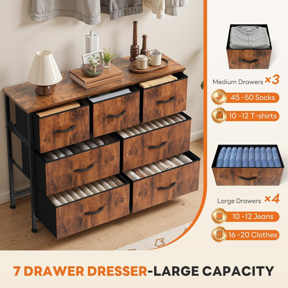 7 Drawer Dresser with Fabric Bins Fabric Storage Tower Organizer for Bedroom Closet Hallway Entryway Tall Chest of Drawers with Steel Frame Wood Top Easy Pull Handles,Black