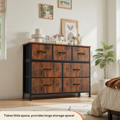 7 Drawer Dresser with Fabric Bins Fabric Storage Tower Organizer for Bedroom Closet Hallway Entryway Tall Chest of Drawers with Steel Frame Wood Top Easy Pull Handles,Black