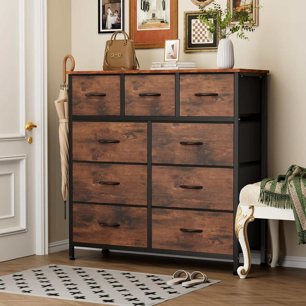 7 Drawer Dresser with Fabric Bins Fabric Storage Tower Organizer for Bedroom Closet Hallway Entryway Tall Chest of Drawers with Steel Frame Wood Top Easy Pull Handles,Black
