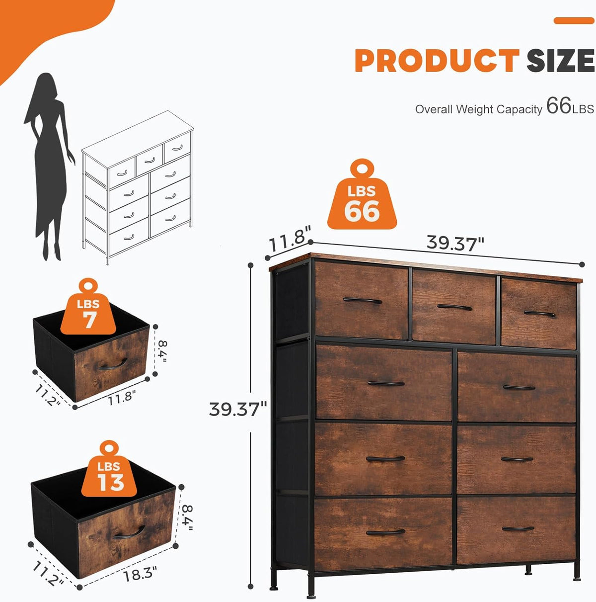 7 Drawer Dresser with Fabric Bins Fabric Storage Tower Organizer for Bedroom Closet Hallway Entryway Tall Chest of Drawers with Steel Frame Wood Top Easy Pull Handles,Black