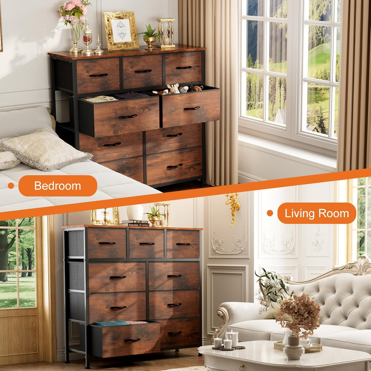 7 Drawer Dresser with Fabric Bins Fabric Storage Tower Organizer for Bedroom Closet Hallway Entryway Tall Chest of Drawers with Steel Frame Wood Top Easy Pull Handles,Black