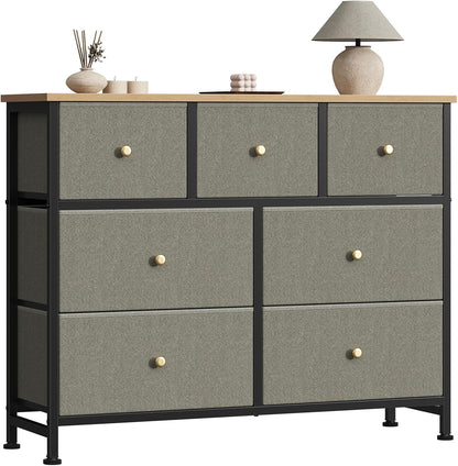 7 Drawer Dresser with Fabric Bins Fabric Storage Tower Organizer for Bedroom Closet Hallway Entryway Tall Chest of Drawers with Steel Frame Wood Top Easy Pull Handles,Black