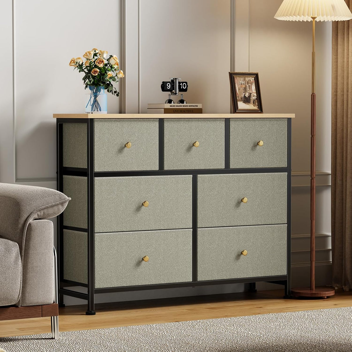 7 Drawer Dresser with Fabric Bins Fabric Storage Tower Organizer for Bedroom Closet Hallway Entryway Tall Chest of Drawers with Steel Frame Wood Top Easy Pull Handles,Black