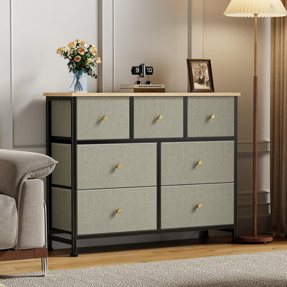 7 Drawer Dresser with Fabric Bins Fabric Storage Tower Organizer for Bedroom Closet Hallway Entryway Tall Chest of Drawers with Steel Frame Wood Top Easy Pull Handles,Black