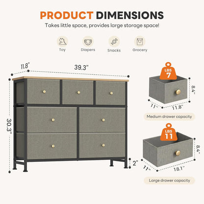 7 Drawer Dresser with Fabric Bins Fabric Storage Tower Organizer for Bedroom Closet Hallway Entryway Tall Chest of Drawers with Steel Frame Wood Top Easy Pull Handles,Black