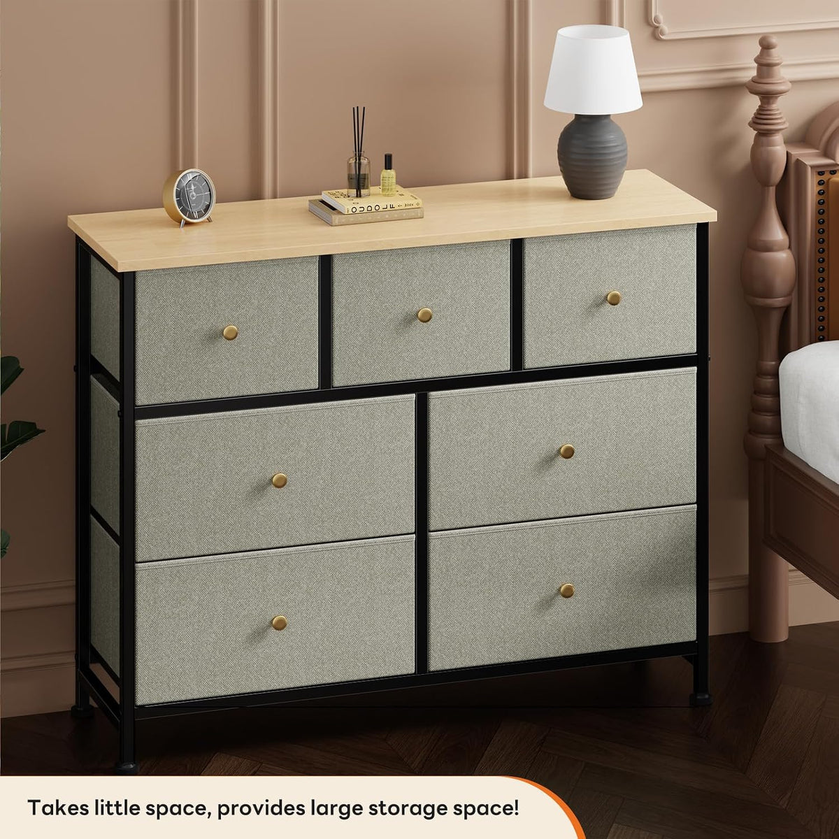 7 Drawer Dresser with Fabric Bins Fabric Storage Tower Organizer for Bedroom Closet Hallway Entryway Tall Chest of Drawers with Steel Frame Wood Top Easy Pull Handles,Black