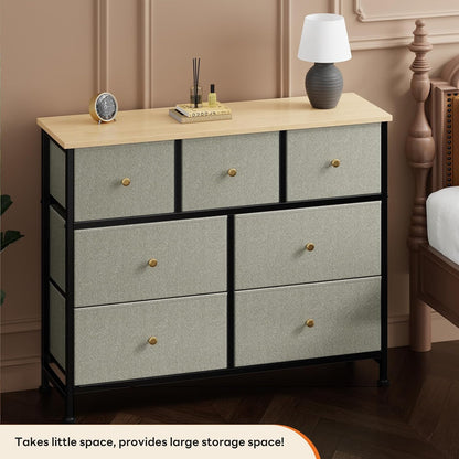 7 Drawer Dresser with Fabric Bins Fabric Storage Tower Organizer for Bedroom Closet Hallway Entryway Tall Chest of Drawers with Steel Frame Wood Top Easy Pull Handles,Black