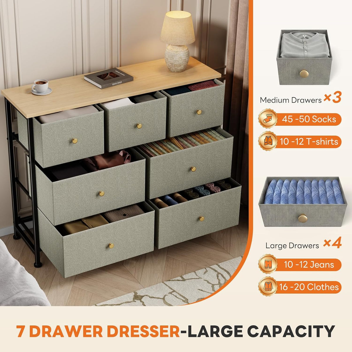 7 Drawer Dresser with Fabric Bins Fabric Storage Tower Organizer for Bedroom Closet Hallway Entryway Tall Chest of Drawers with Steel Frame Wood Top Easy Pull Handles,Black