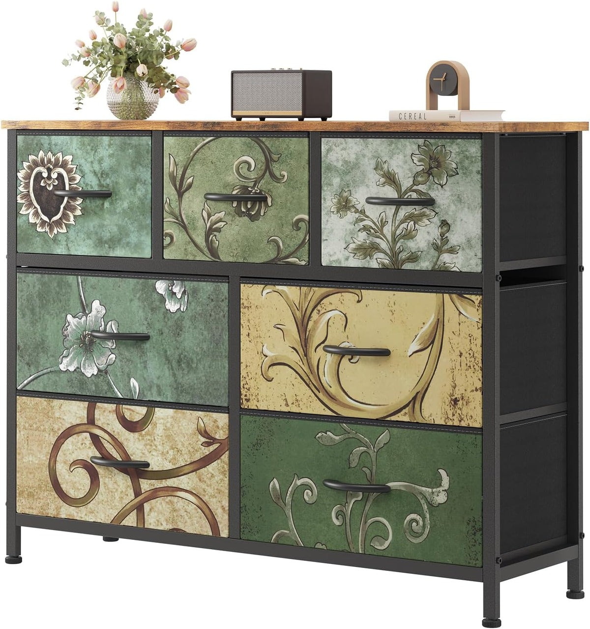 7 Drawer Dresser with Fabric Bins Fabric Storage Tower Organizer for Bedroom Closet Hallway Entryway Tall Chest of Drawers with Steel Frame Wood Top Easy Pull Handles,Black