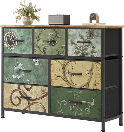 7 Drawer Dresser with Fabric Bins Fabric Storage Tower Organizer for Bedroom Closet Hallway Entryway Tall Chest of Drawers with Steel Frame Wood Top Easy Pull Handles,Black