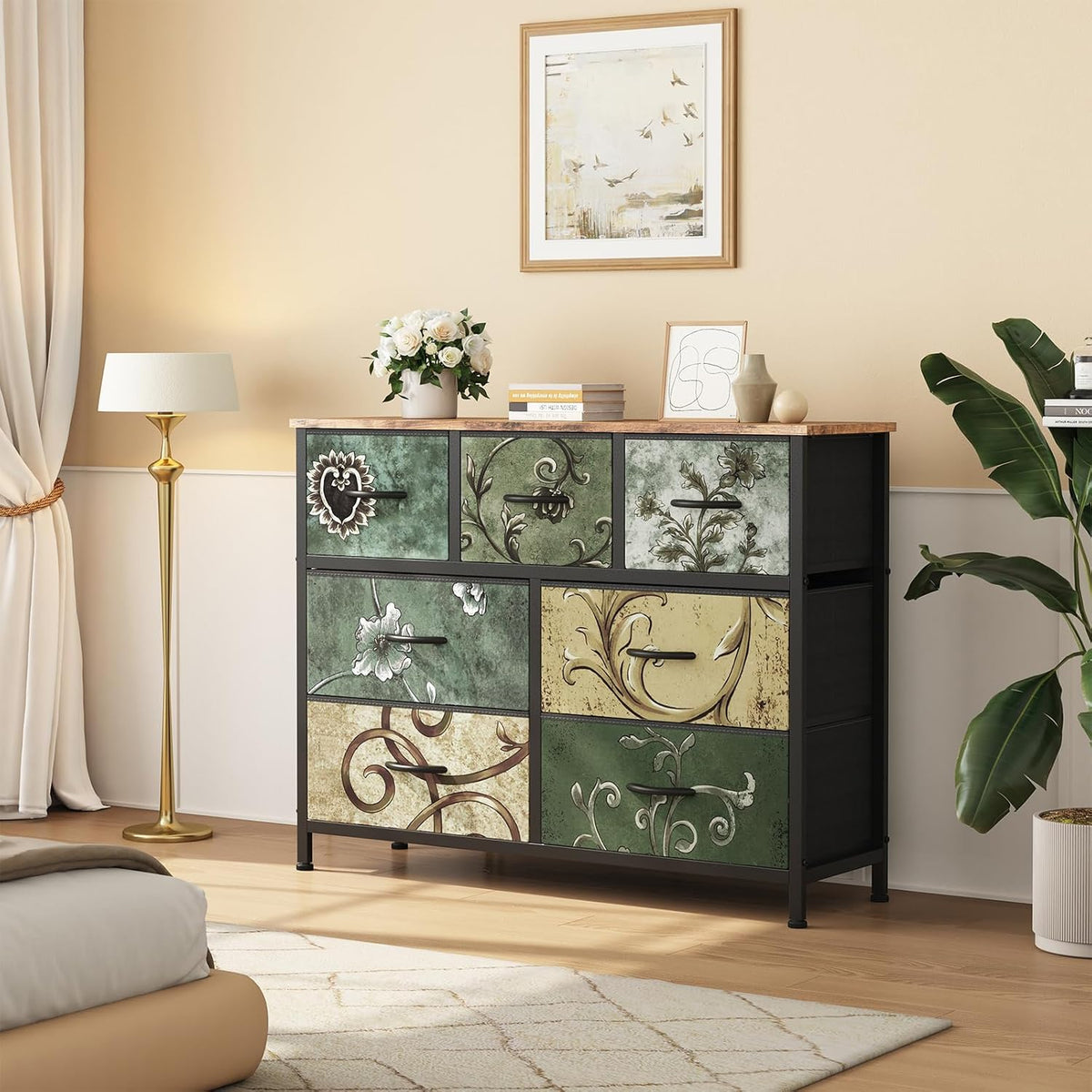 7 Drawer Dresser with Fabric Bins Fabric Storage Tower Organizer for Bedroom Closet Hallway Entryway Tall Chest of Drawers with Steel Frame Wood Top Easy Pull Handles,Black