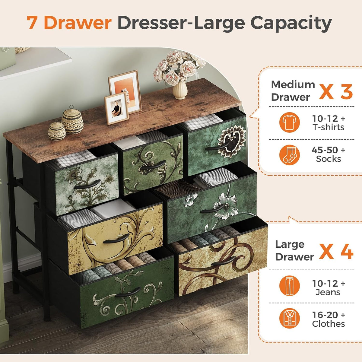 7 Drawer Dresser with Fabric Bins Fabric Storage Tower Organizer for Bedroom Closet Hallway Entryway Tall Chest of Drawers with Steel Frame Wood Top Easy Pull Handles,Black