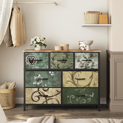 7 Drawer Dresser with Fabric Bins Fabric Storage Tower Organizer for Bedroom Closet Hallway Entryway Tall Chest of Drawers with Steel Frame Wood Top Easy Pull Handles,Black
