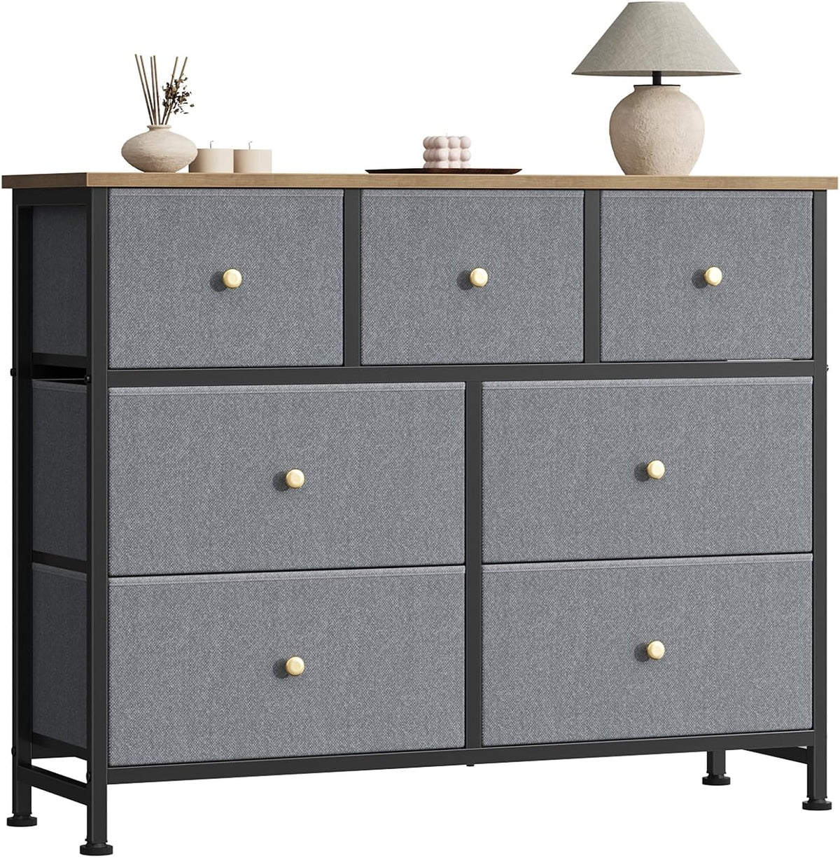7 Drawer Dresser with Fabric Bins Fabric Storage Tower Organizer for Bedroom Closet Hallway Entryway Tall Chest of Drawers with Steel Frame Wood Top Easy Pull Handles,Black