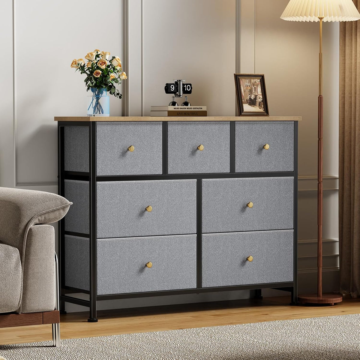 7 Drawer Dresser with Fabric Bins Fabric Storage Tower Organizer for Bedroom Closet Hallway Entryway Tall Chest of Drawers with Steel Frame Wood Top Easy Pull Handles,Black