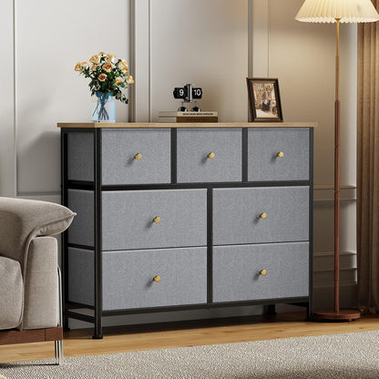 7 Drawer Dresser with Fabric Bins Fabric Storage Tower Organizer for Bedroom Closet Hallway Entryway Tall Chest of Drawers with Steel Frame Wood Top Easy Pull Handles,Black