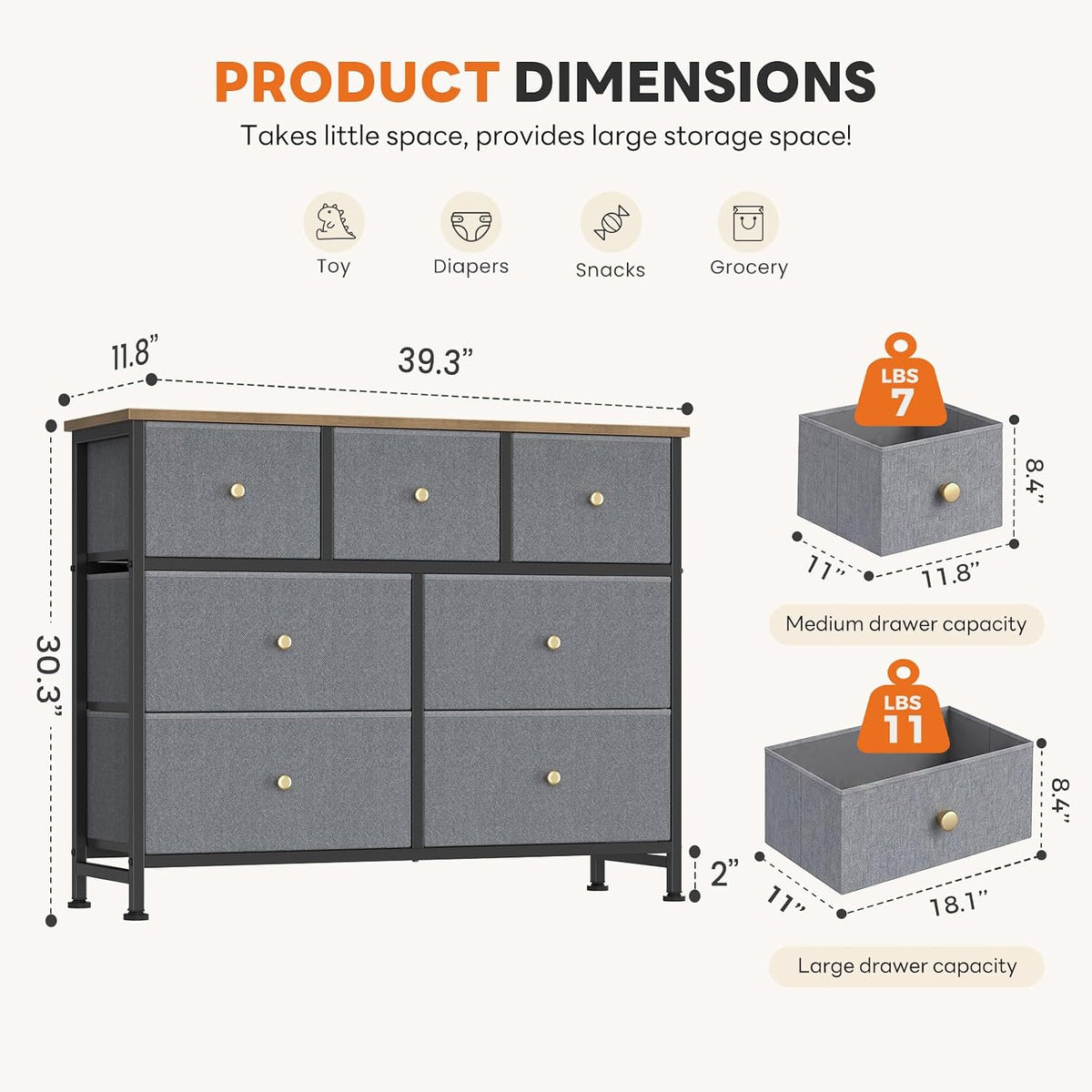 7 Drawer Dresser with Fabric Bins Fabric Storage Tower Organizer for Bedroom Closet Hallway Entryway Tall Chest of Drawers with Steel Frame Wood Top Easy Pull Handles,Black