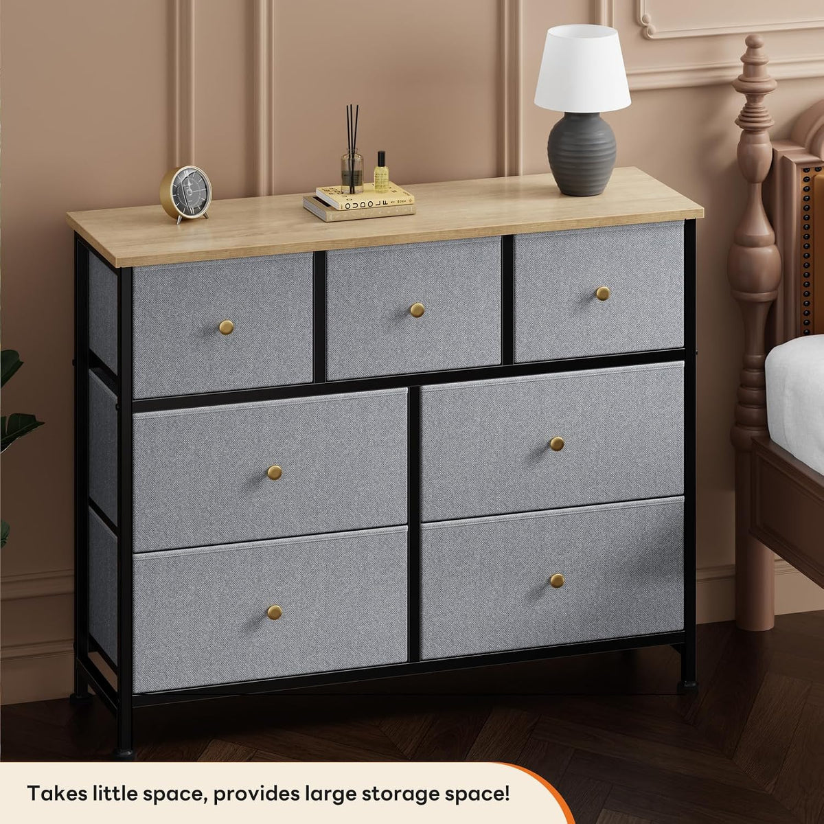 7 Drawer Dresser with Fabric Bins Fabric Storage Tower Organizer for Bedroom Closet Hallway Entryway Tall Chest of Drawers with Steel Frame Wood Top Easy Pull Handles,Black