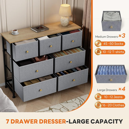 7 Drawer Dresser with Fabric Bins Fabric Storage Tower Organizer for Bedroom Closet Hallway Entryway Tall Chest of Drawers with Steel Frame Wood Top Easy Pull Handles,Black