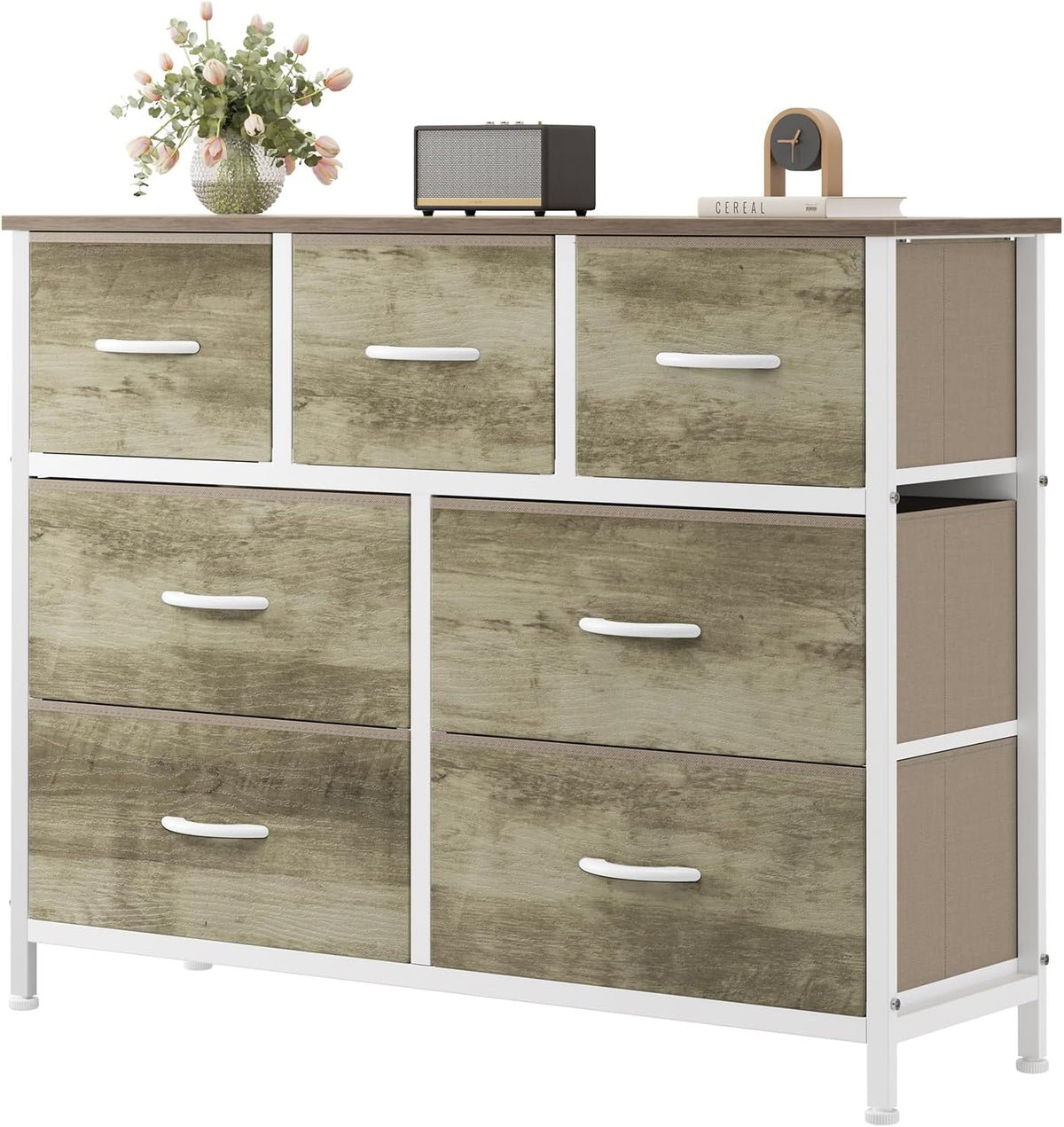 7 Drawer Dresser with Fabric Bins Fabric Storage Tower Organizer for Bedroom Closet Hallway Entryway Tall Chest of Drawers with Steel Frame Wood Top Easy Pull Handles,Black
