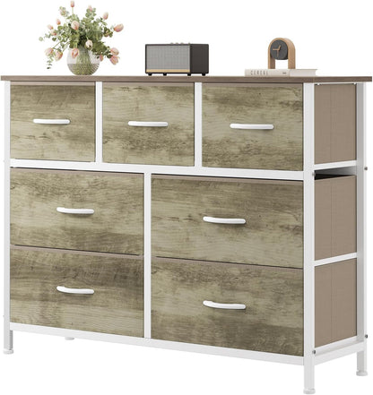 7 Drawer Dresser with Fabric Bins Fabric Storage Tower Organizer for Bedroom Closet Hallway Entryway Tall Chest of Drawers with Steel Frame Wood Top Easy Pull Handles,Black