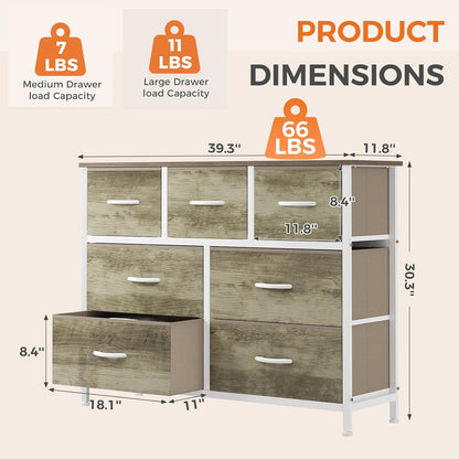 7 Drawer Dresser with Fabric Bins Fabric Storage Tower Organizer for Bedroom Closet Hallway Entryway Tall Chest of Drawers with Steel Frame Wood Top Easy Pull Handles,Black