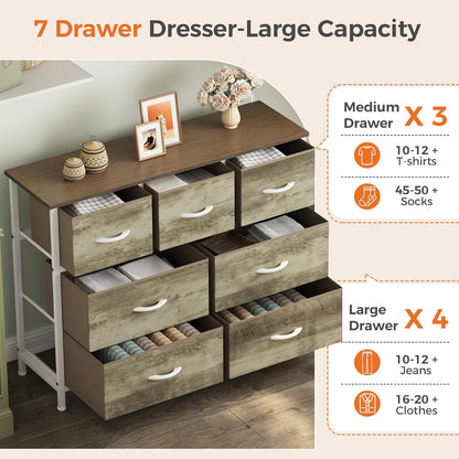 7 Drawer Dresser with Fabric Bins Fabric Storage Tower Organizer for Bedroom Closet Hallway Entryway Tall Chest of Drawers with Steel Frame Wood Top Easy Pull Handles,Black