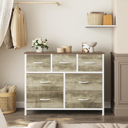 7 Drawer Dresser with Fabric Bins Fabric Storage Tower Organizer for Bedroom Closet Hallway Entryway Tall Chest of Drawers with Steel Frame Wood Top Easy Pull Handles,Black