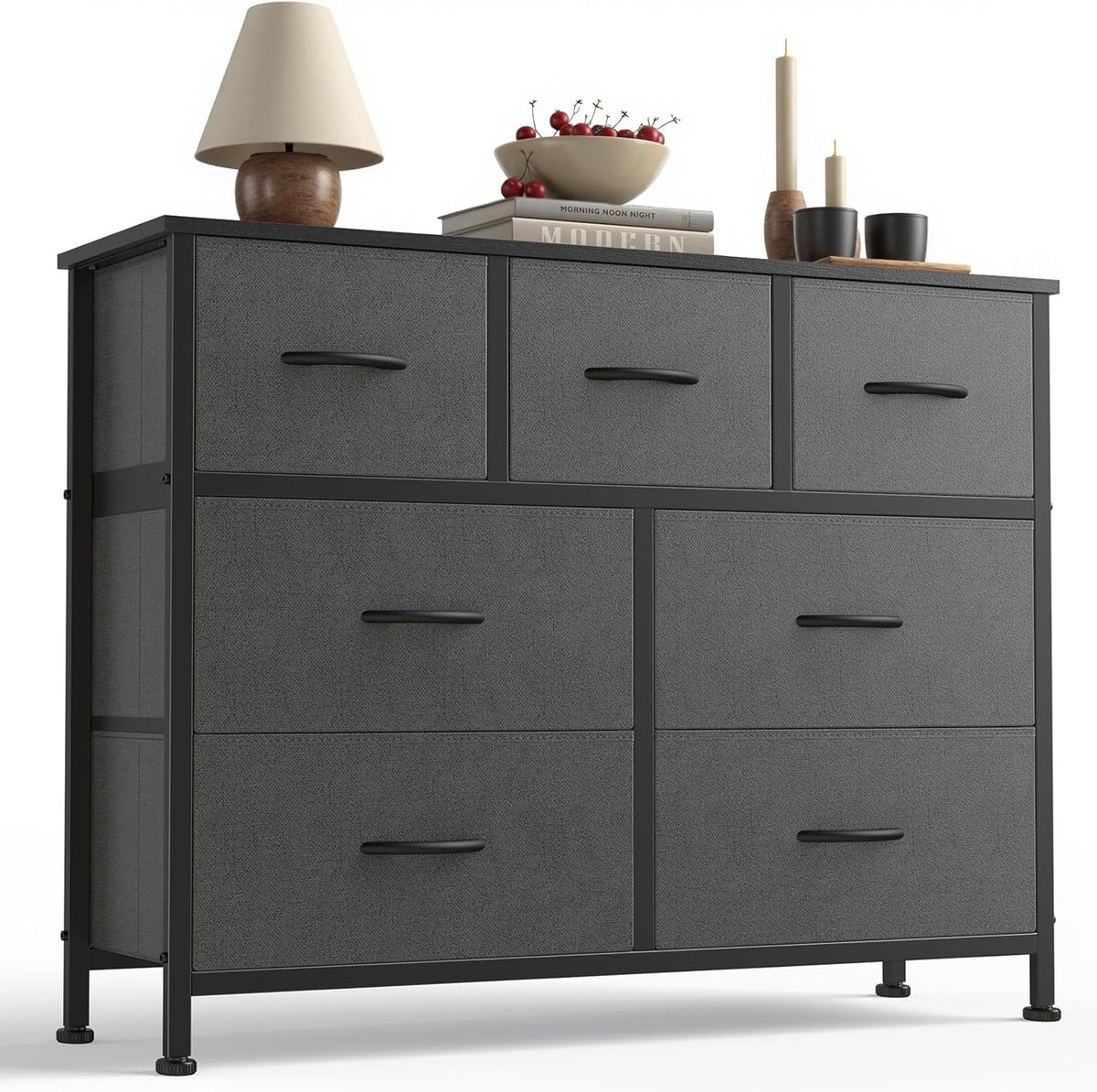 7 Drawer Dresser with Fabric Bins Fabric Storage Tower Organizer for Bedroom Closet Hallway Entryway Tall Chest of Drawers with Steel Frame Wood Top Easy Pull Handles,Black