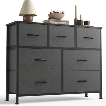 7 Drawer Dresser with Fabric Bins Fabric Storage Tower Organizer for Bedroom Closet Hallway Entryway Tall Chest of Drawers with Steel Frame Wood Top Easy Pull Handles,Black