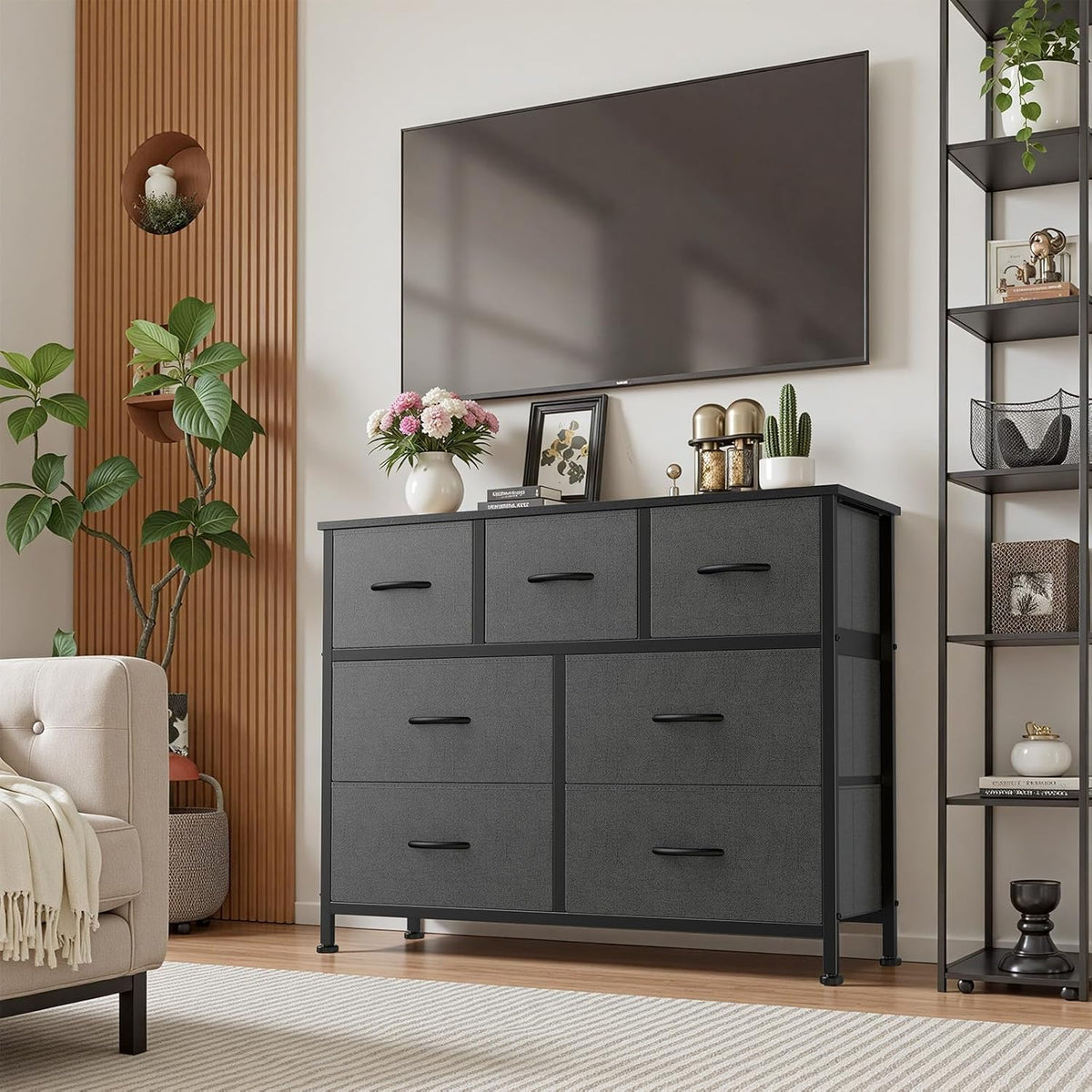 7 Drawer Dresser with Fabric Bins Fabric Storage Tower Organizer for Bedroom Closet Hallway Entryway Tall Chest of Drawers with Steel Frame Wood Top Easy Pull Handles,Black