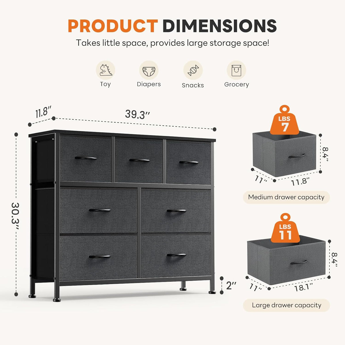 7 Drawer Dresser with Fabric Bins Fabric Storage Tower Organizer for Bedroom Closet Hallway Entryway Tall Chest of Drawers with Steel Frame Wood Top Easy Pull Handles,Black