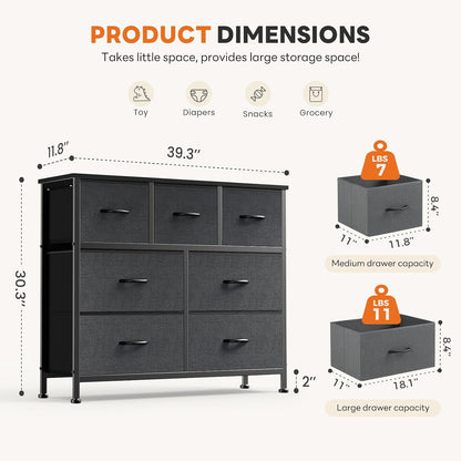7 Drawer Dresser with Fabric Bins Fabric Storage Tower Organizer for Bedroom Closet Hallway Entryway Tall Chest of Drawers with Steel Frame Wood Top Easy Pull Handles,Black