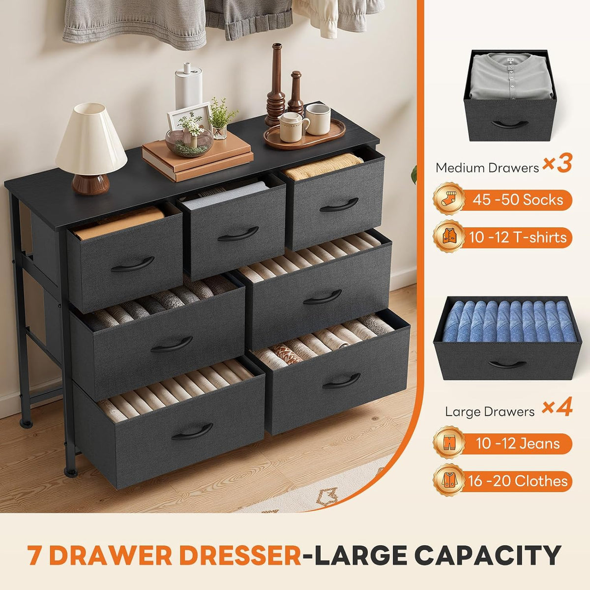 7 Drawer Dresser with Fabric Bins Fabric Storage Tower Organizer for Bedroom Closet Hallway Entryway Tall Chest of Drawers with Steel Frame Wood Top Easy Pull Handles,Black