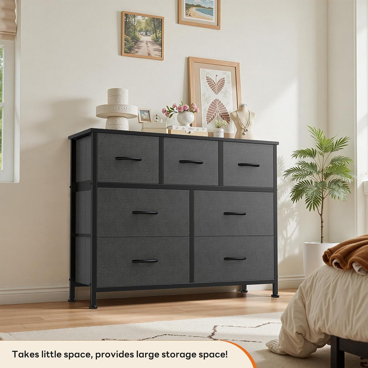 7 Drawer Dresser with Fabric Bins Fabric Storage Tower Organizer for Bedroom Closet Hallway Entryway Tall Chest of Drawers with Steel Frame Wood Top Easy Pull Handles,Black