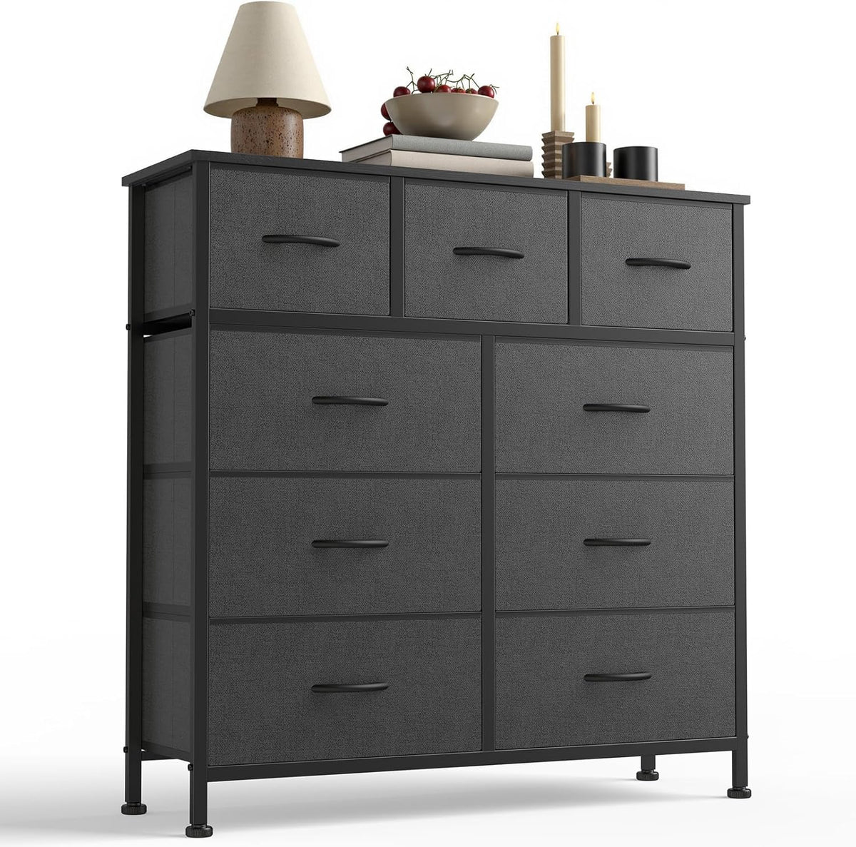 7 Drawer Dresser with Fabric Bins Fabric Storage Tower Organizer for Bedroom Closet Hallway Entryway Tall Chest of Drawers with Steel Frame Wood Top Easy Pull Handles,Black