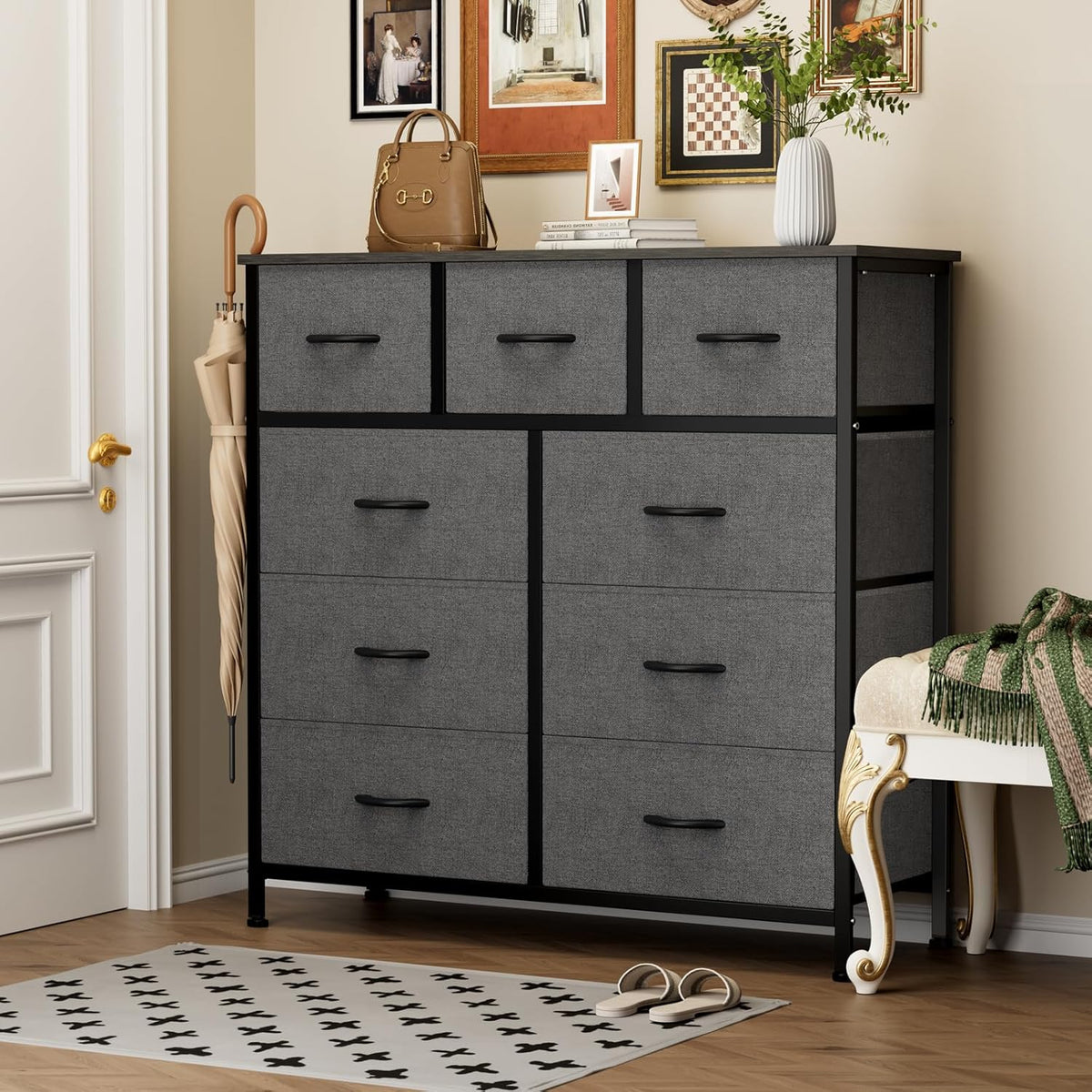 7 Drawer Dresser with Fabric Bins Fabric Storage Tower Organizer for Bedroom Closet Hallway Entryway Tall Chest of Drawers with Steel Frame Wood Top Easy Pull Handles,Black