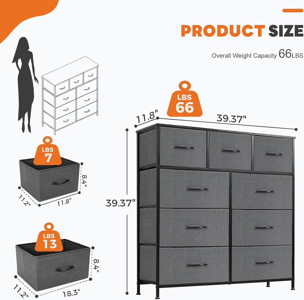 7 Drawer Dresser with Fabric Bins Fabric Storage Tower Organizer for Bedroom Closet Hallway Entryway Tall Chest of Drawers with Steel Frame Wood Top Easy Pull Handles,Black