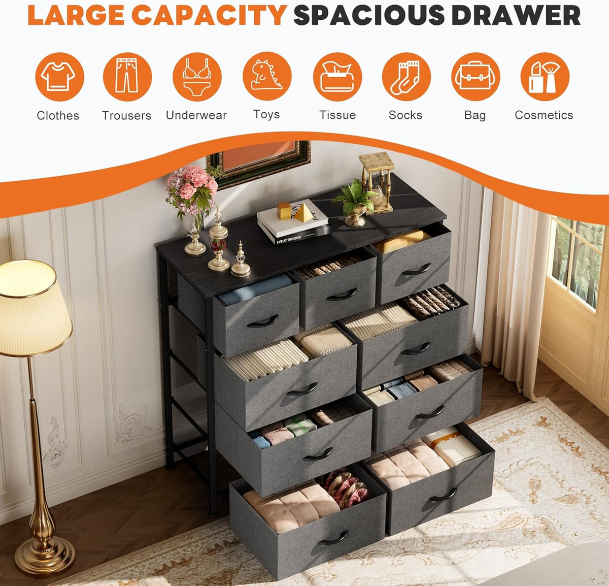 7 Drawer Dresser with Fabric Bins Fabric Storage Tower Organizer for Bedroom Closet Hallway Entryway Tall Chest of Drawers with Steel Frame Wood Top Easy Pull Handles,Black