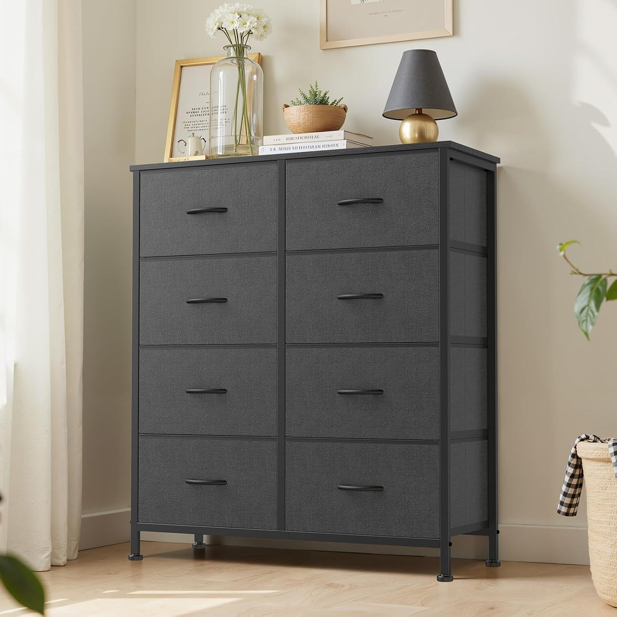 7 Drawer Dresser with Fabric Bins Fabric Storage Tower Organizer for Bedroom Closet Hallway Entryway Tall Chest of Drawers with Steel Frame Wood Top Easy Pull Handles,Black